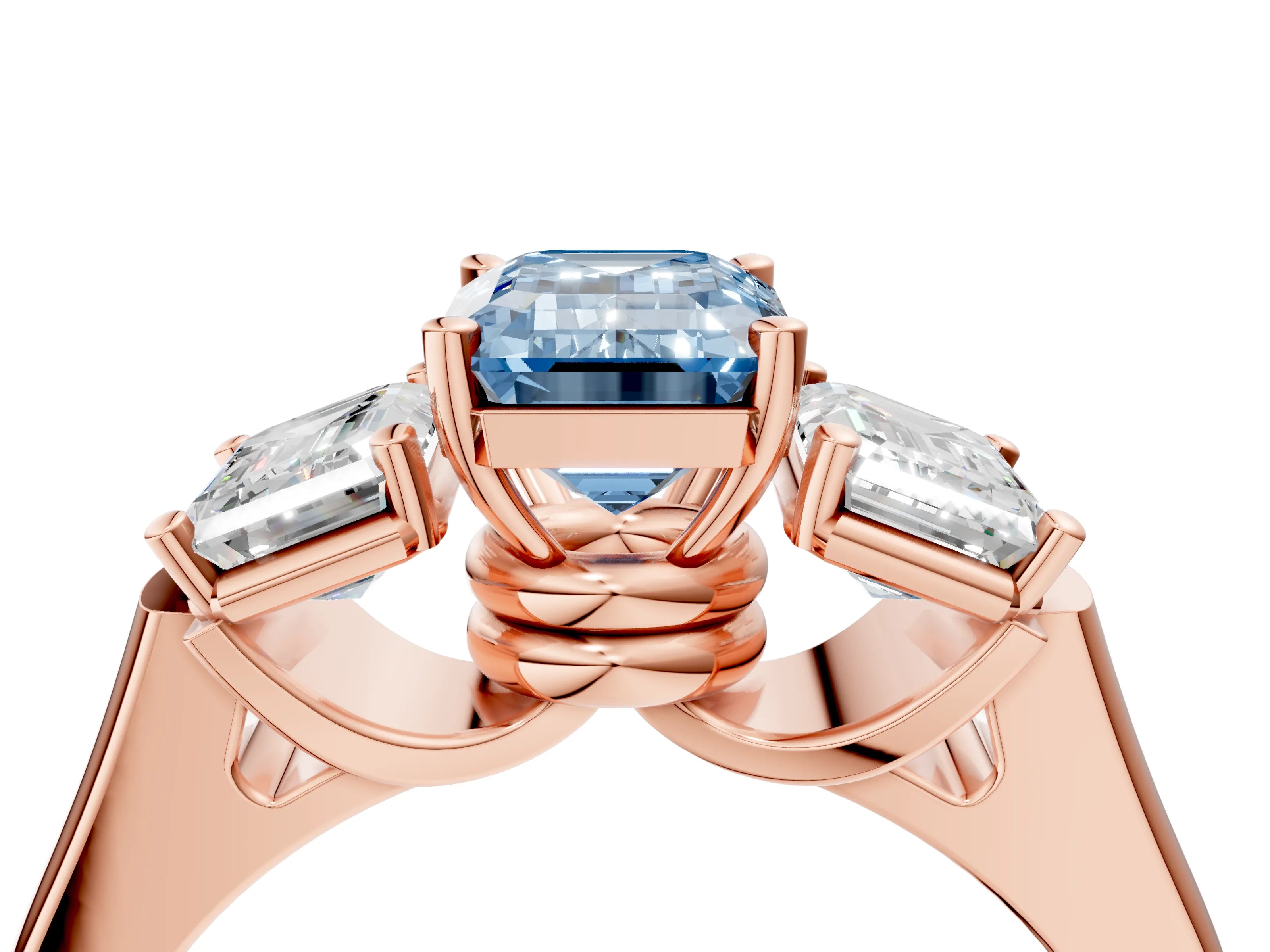 Rose gold Three-Stone Fancy Blue Emerald Cut Brilliant Diamond Trellis Ring with Comfort Fit Band_4