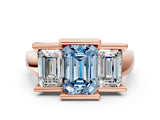 Rose gold Three Stone Fancy Blue Emerald Cut Cut Channel Set Diamond Ring