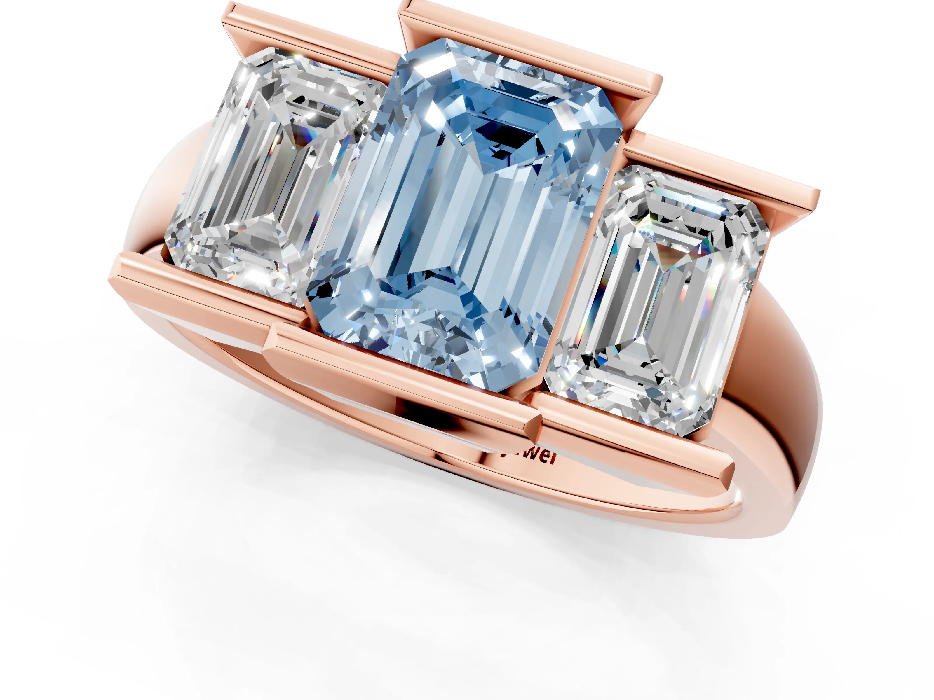 Rose gold Three Stone Fancy Blue Emerald Cut Cut Channel Set Diamond Ring_1