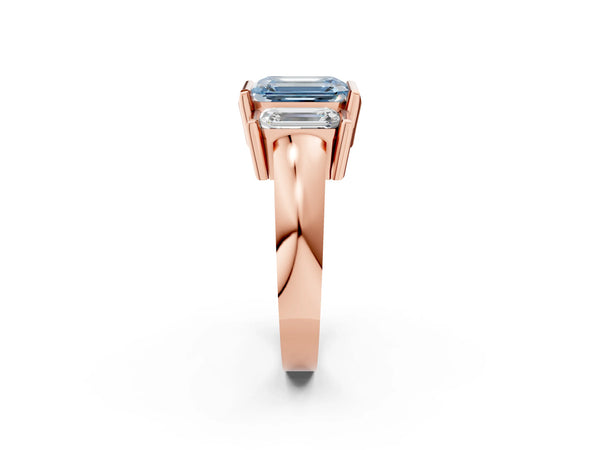 Rose Gold Emerald Cut Channel Set Three Stone Engagement Ring Setting for Fancy Blue Center