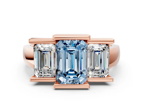 Rose gold Three Stone Fancy Blue Emerald Cut Cut Channel Set Diamond Ring
