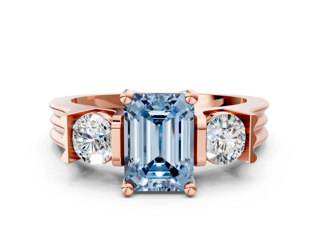 Rose gold Three-Stone Fancy Blue Emerald Cut Cut Classic Band Prong Setting Ring