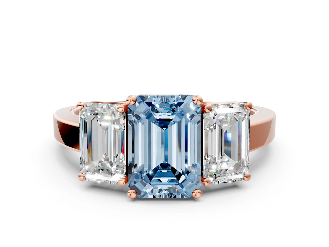 Rose gold Three-Stone Fancy Blue Emerald Cut Cut Diamond Engagement Ring with Flat Band and Four-Prong Setting