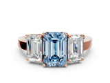 Rose gold Three-Stone Fancy Blue Emerald Cut Cut Diamond Engagement Ring with Flat Band and Four-Prong Setting