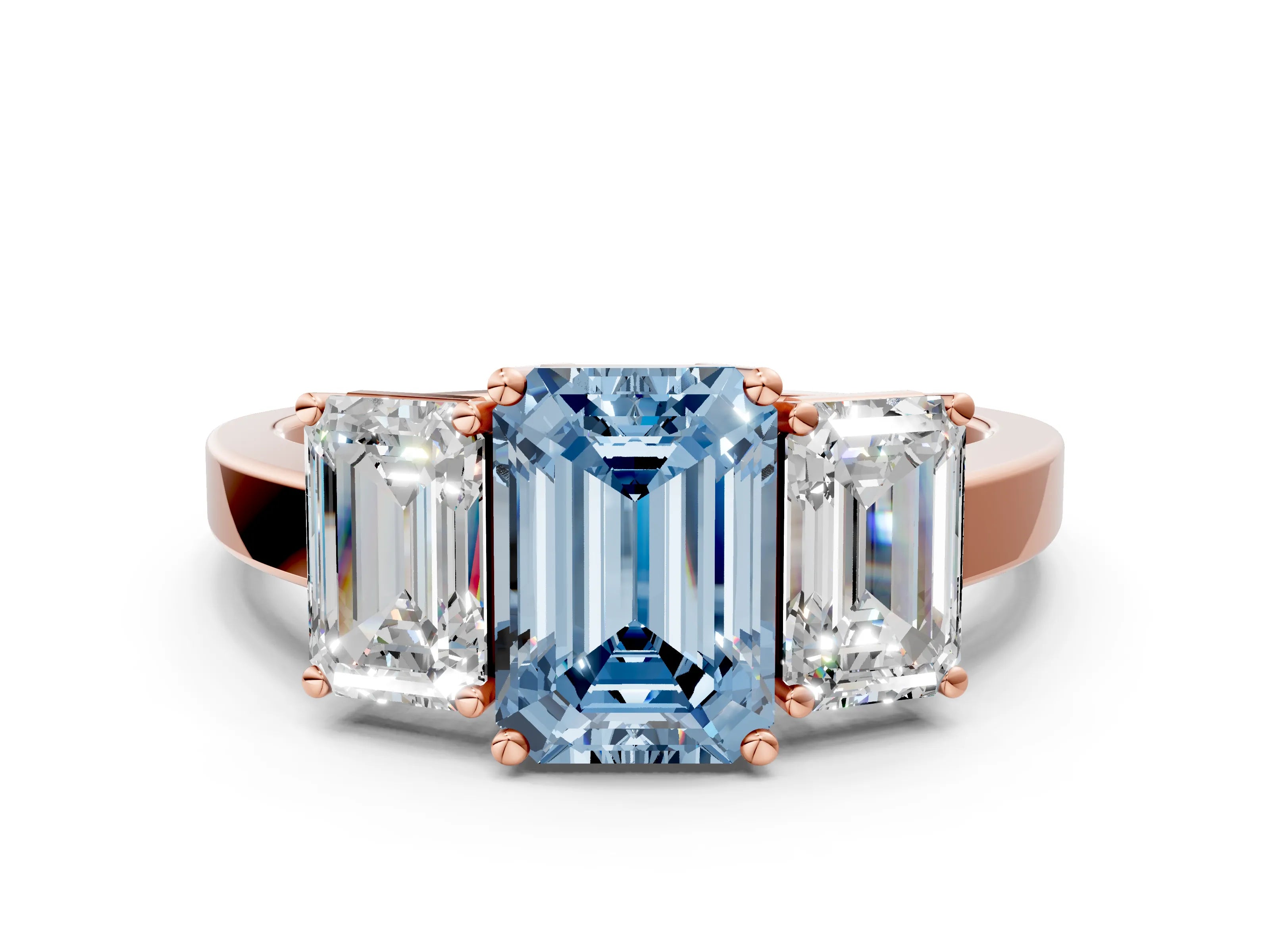Rose gold Three-Stone Fancy Blue Emerald Cut Cut Diamond Engagement Ring with Flat Band and Four-Prong Setting_12