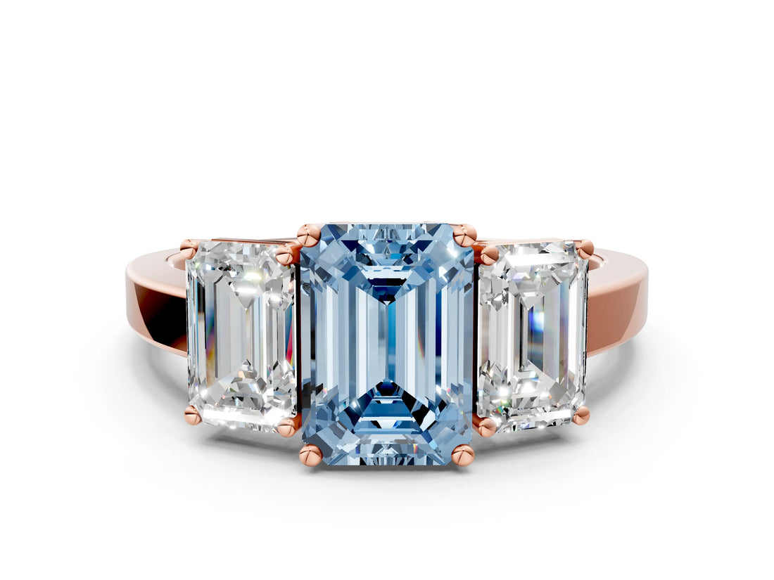 Rose gold Three-Stone Fancy Blue Emerald Cut Cut Diamond Engagement Ring with Flat Band and Four-Prong Setting_12