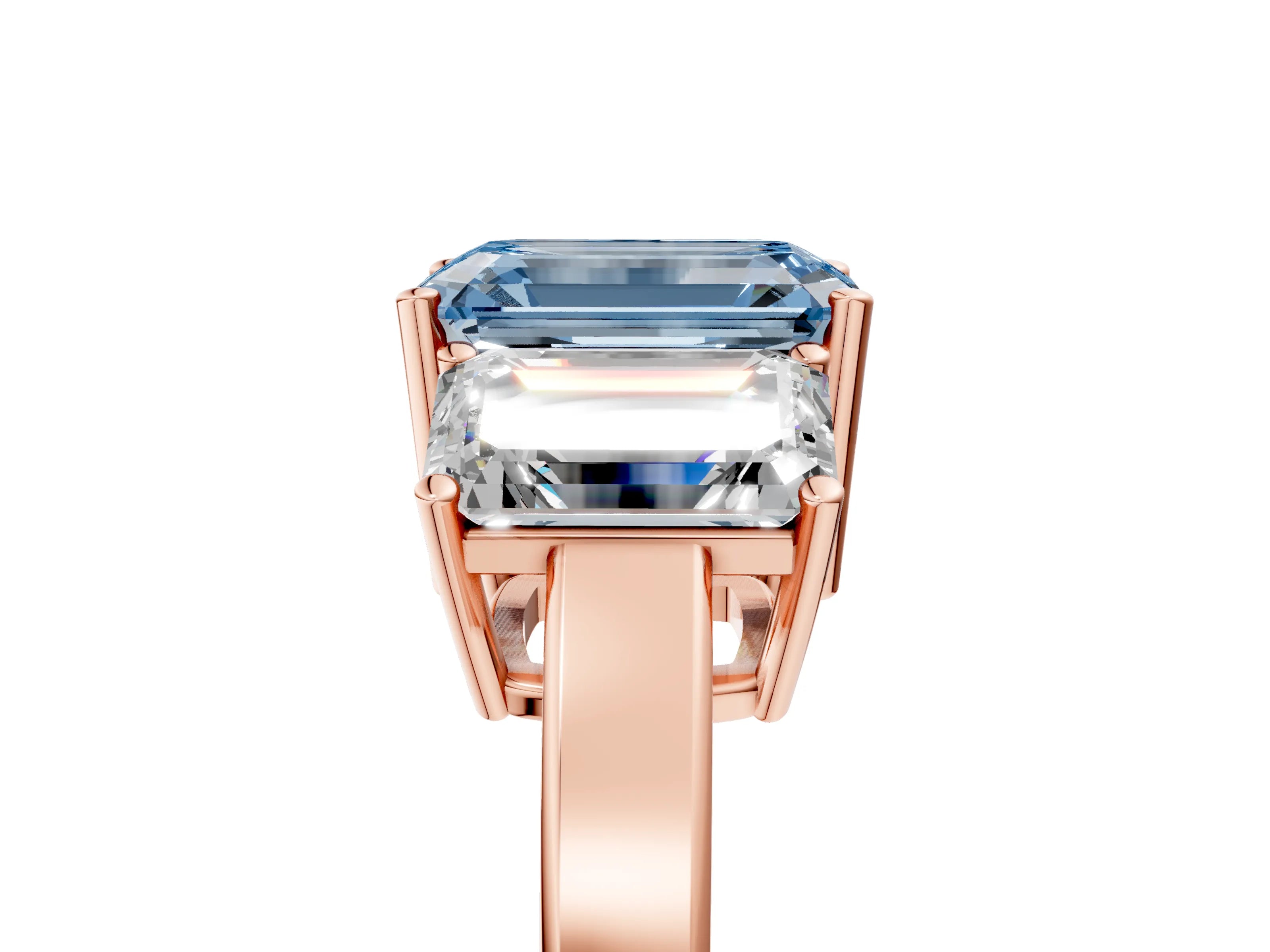 Rose gold Three-Stone Fancy Blue Emerald Cut Cut Diamond Engagement Ring with Flat Band and Four-Prong Setting_17