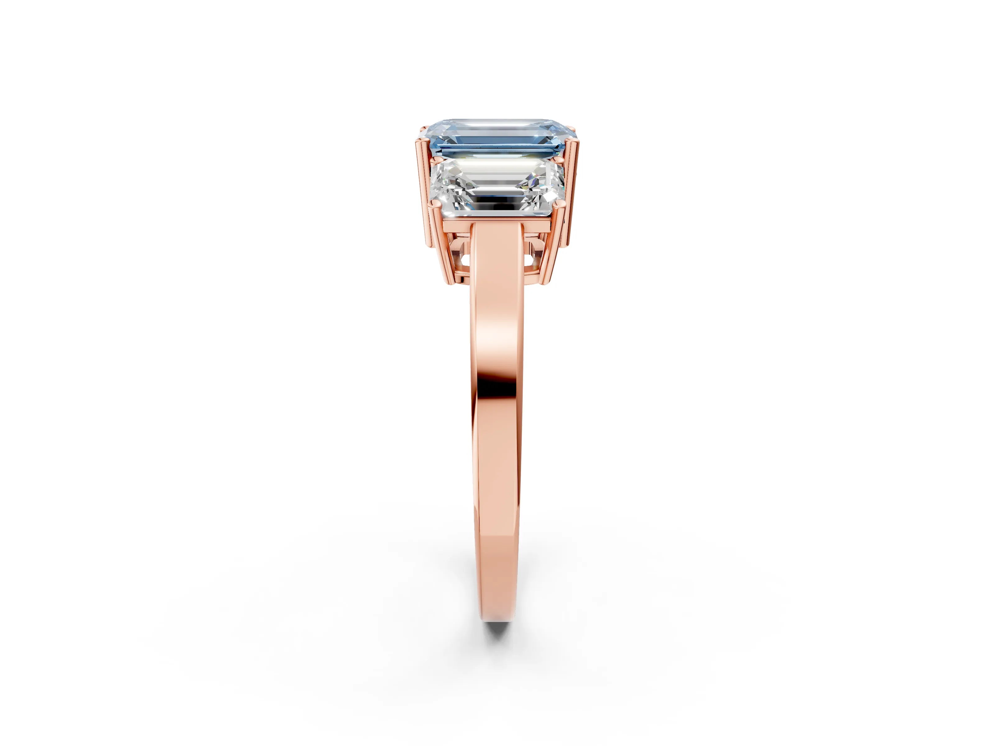 Rose gold Three-Stone Fancy Blue Emerald Cut Cut Diamond Engagement Ring with Flat Band and Four-Prong Setting_2