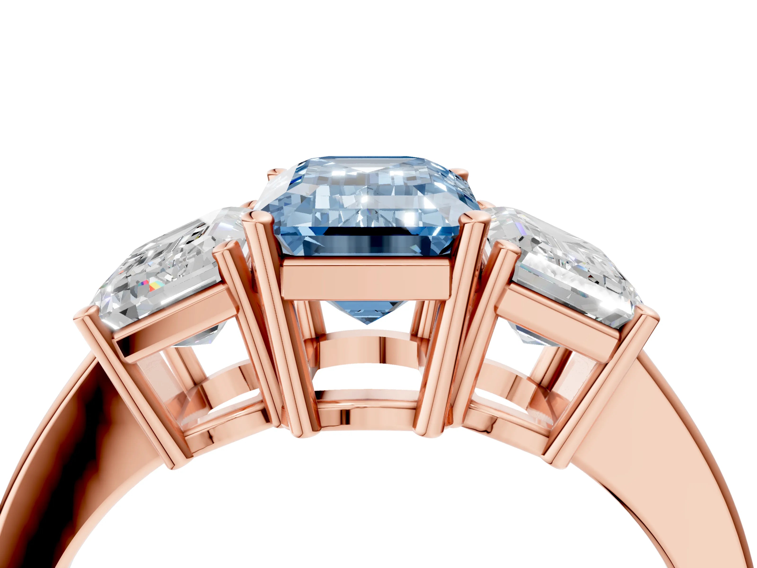 Rose gold Three-Stone Fancy Blue Emerald Cut Cut Diamond Engagement Ring with Flat Band and Four-Prong Setting_4