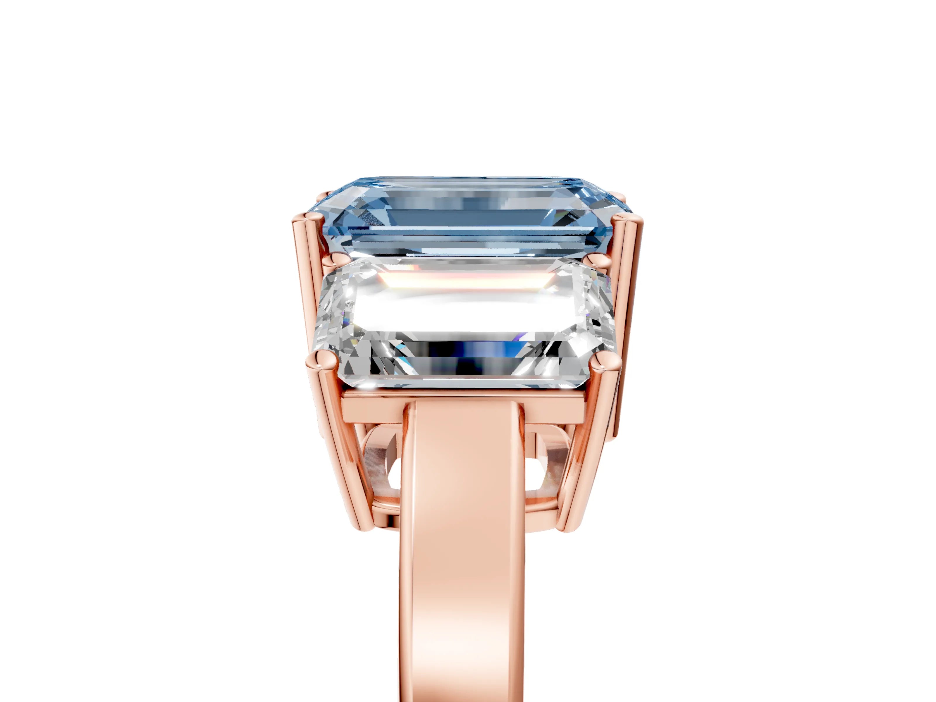 Rose gold Three-Stone Fancy Blue Emerald Cut Cut Diamond Engagement Ring with Flat Band and Four-Prong Setting_5