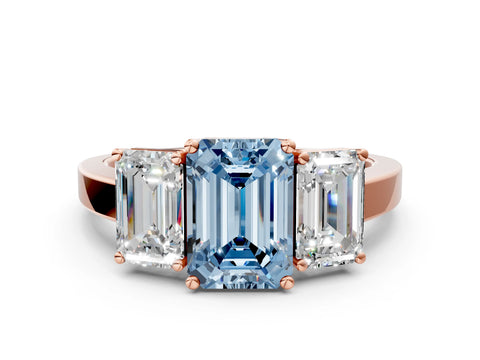 Rose gold Three-Stone Fancy Blue Emerald Cut Cut Diamond Engagement Ring with Flat Band and Four-Prong Setting