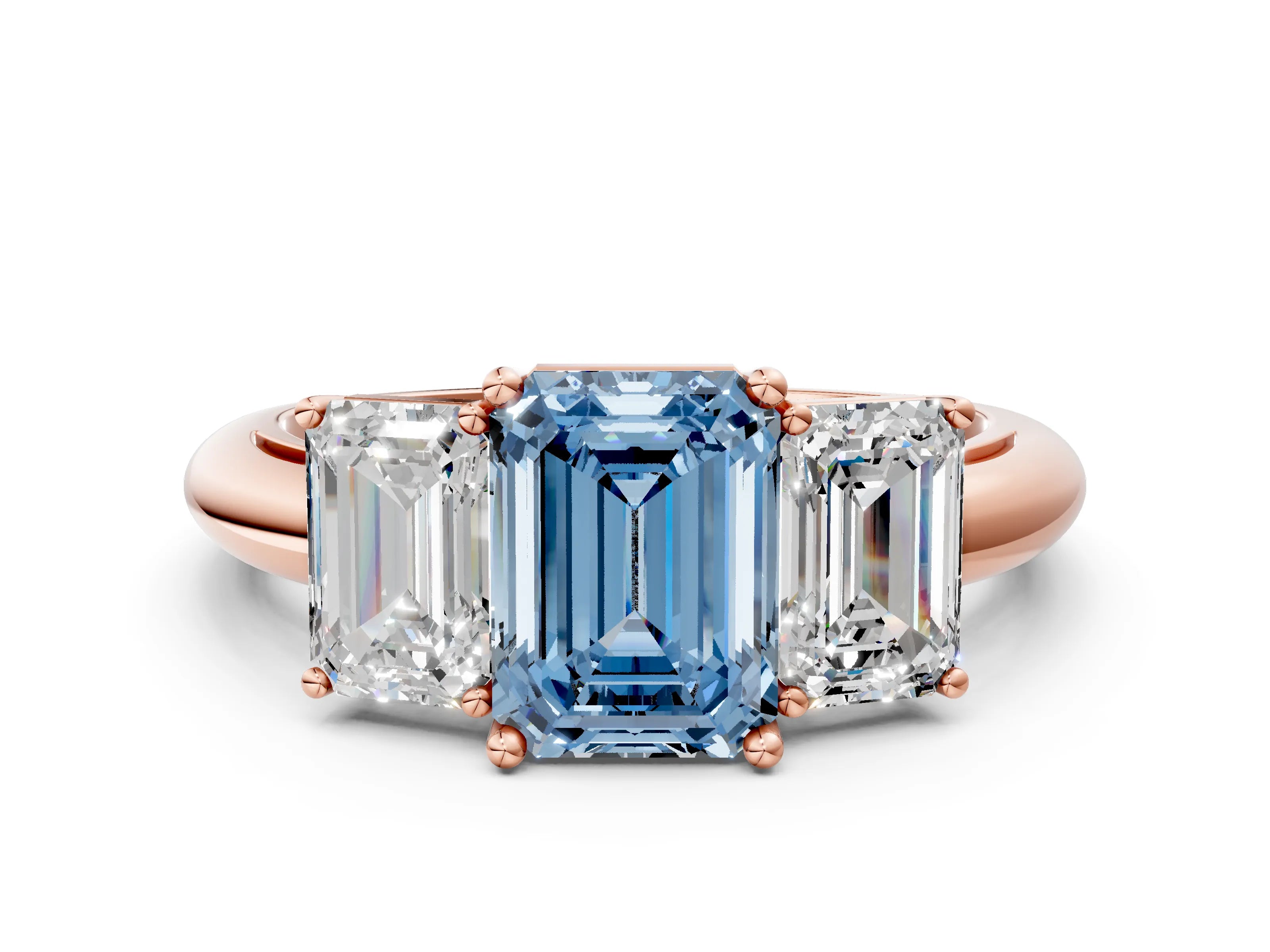 Rose gold Three-Stone Fancy Blue Emerald Cut Cut Diamond Engagement Ring with Prong Setting on a White Gold Band