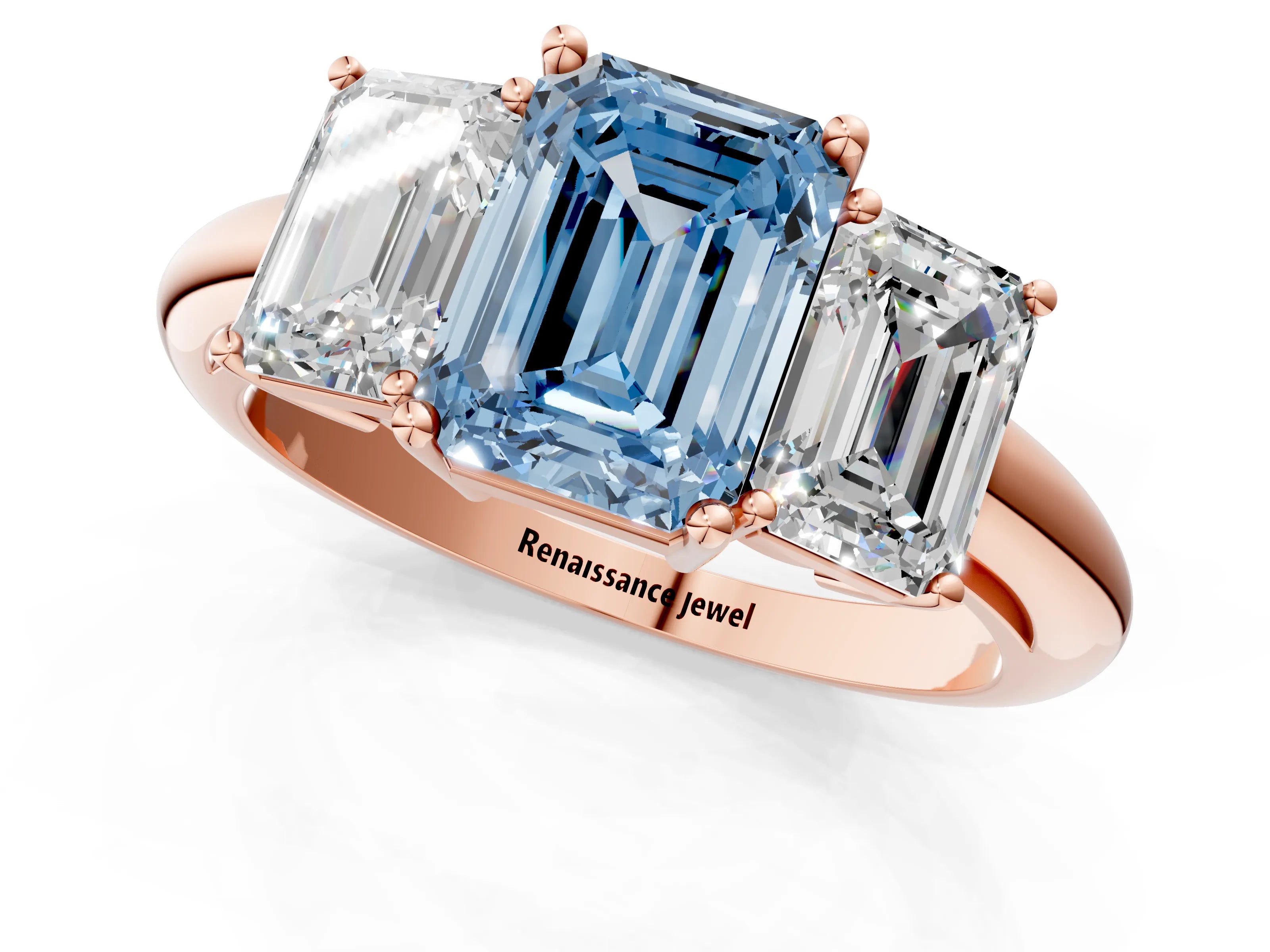 Rose gold Three-Stone Fancy Blue Emerald Cut Cut Diamond Engagement Ring with Prong Setting on a White Gold Band_1