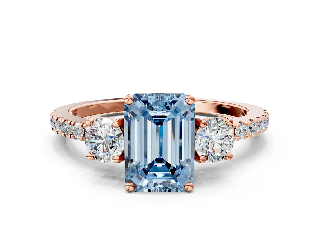 Rose gold Three-Stone Fancy Blue Emerald Cut Cut Diamond Pavé Band with Prong Setting_15