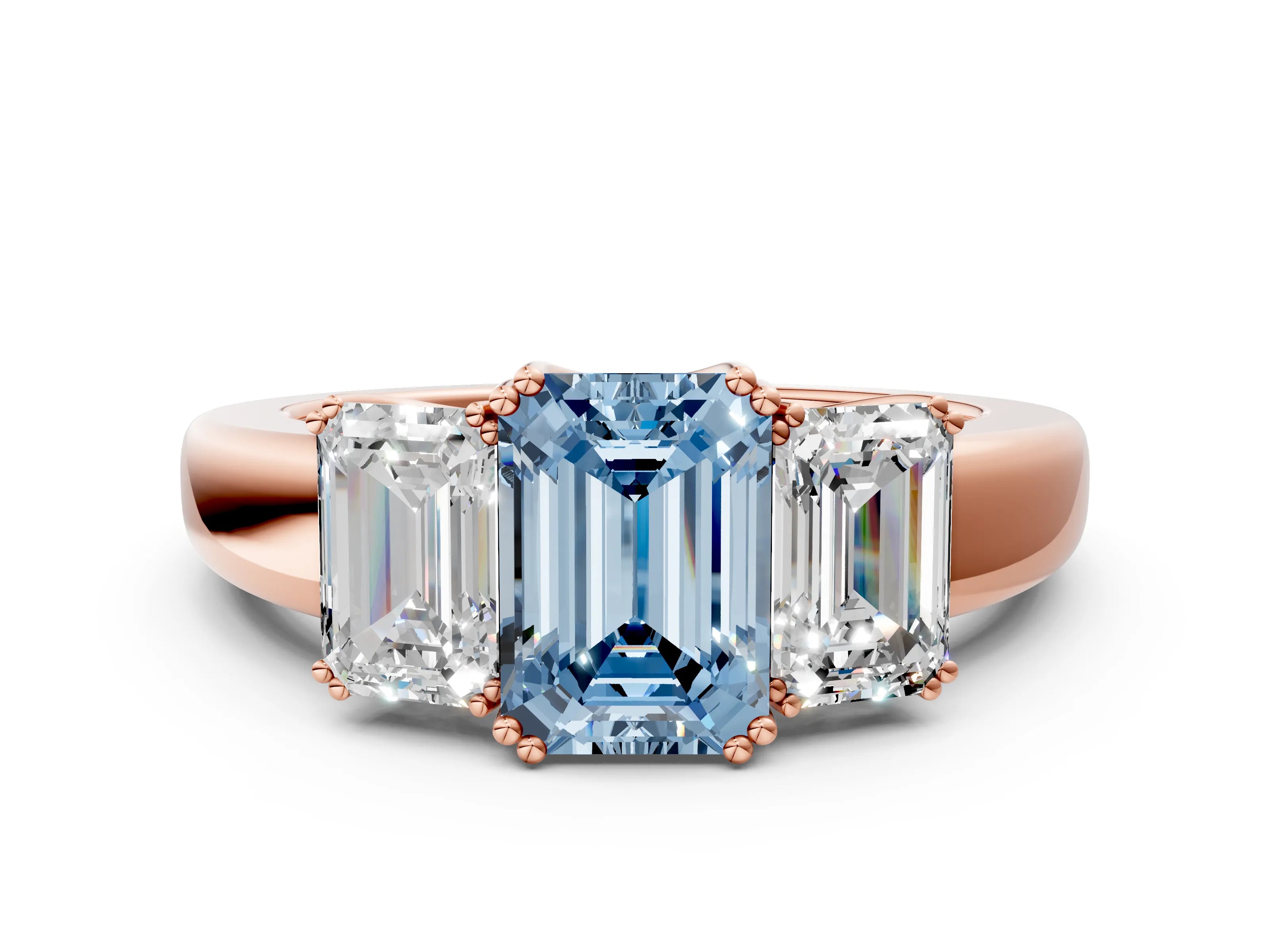 Rose gold Three-Stone Fancy Blue Emerald Cut Cut Diamond Ring with Channel Set Band and Four-Prong Setting