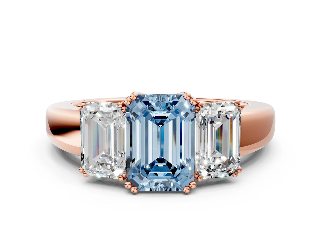 Rose gold Three-Stone Fancy Blue Emerald Cut Cut Diamond Ring with Channel Set Band and Four-Prong Setting_24