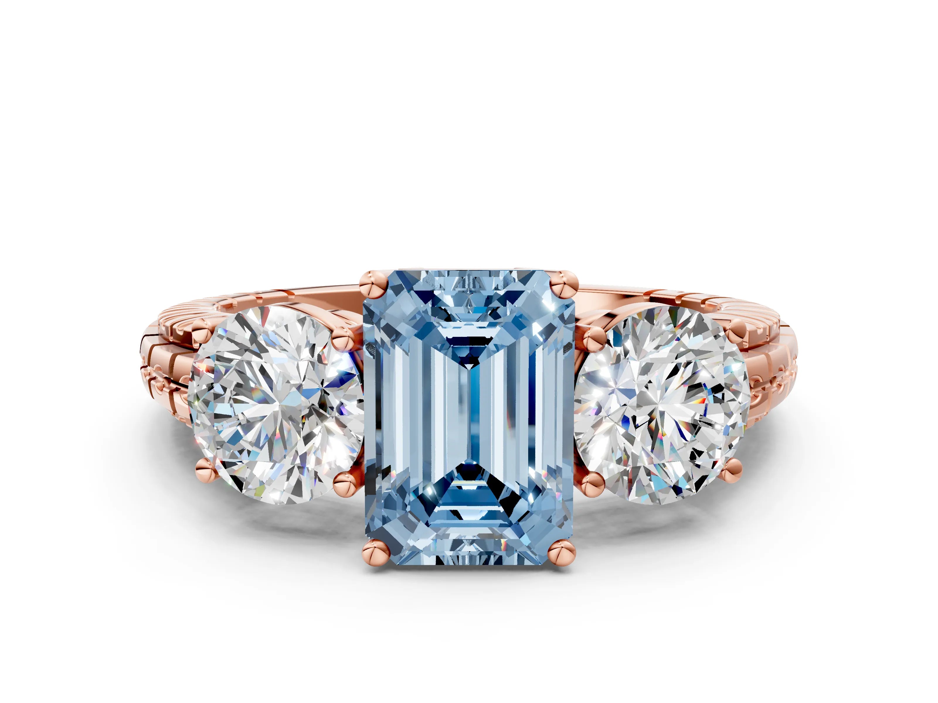 Rose gold Three-Stone Fancy Blue Emerald Cut Cut Diamond Ring with Channel-Set Band and Prong Setting