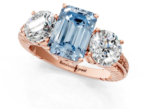 Rose gold Three-Stone Fancy Blue Emerald Cut Cut Diamond Ring with Channel-Set Band and Prong Setting_1