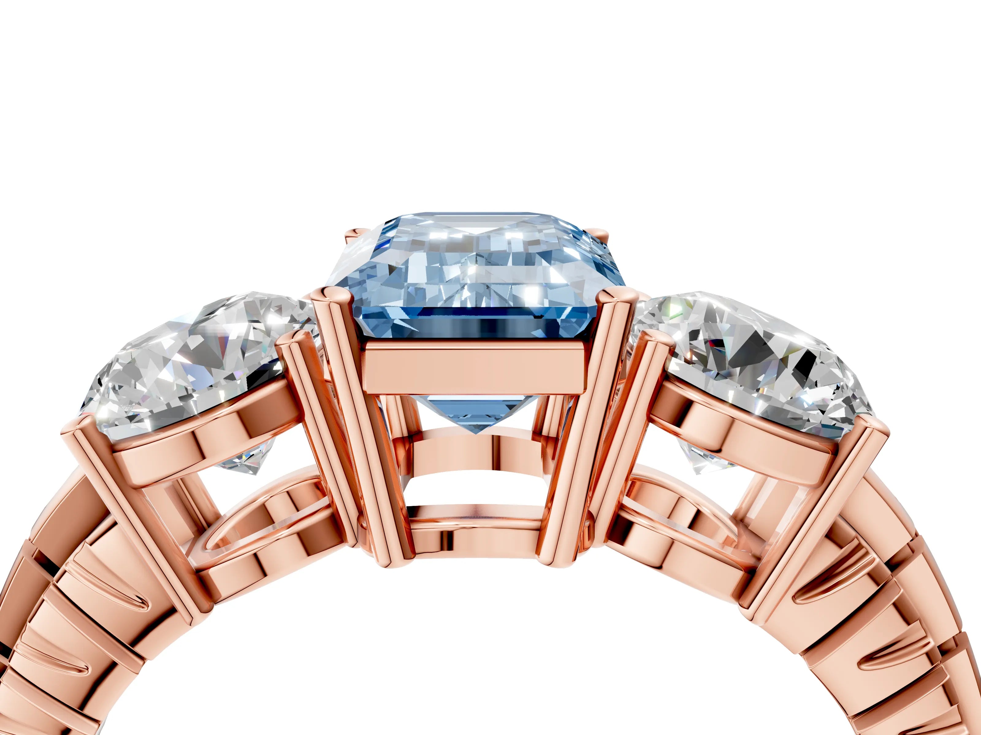 Rose gold Three-Stone Fancy Blue Emerald Cut Cut Diamond Ring with Channel-Set Band and Prong Setting_4