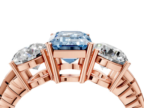 Rose gold Three-Stone Fancy Blue Emerald Cut Cut Diamond Ring with Channel-Set Band and Prong Setting_4