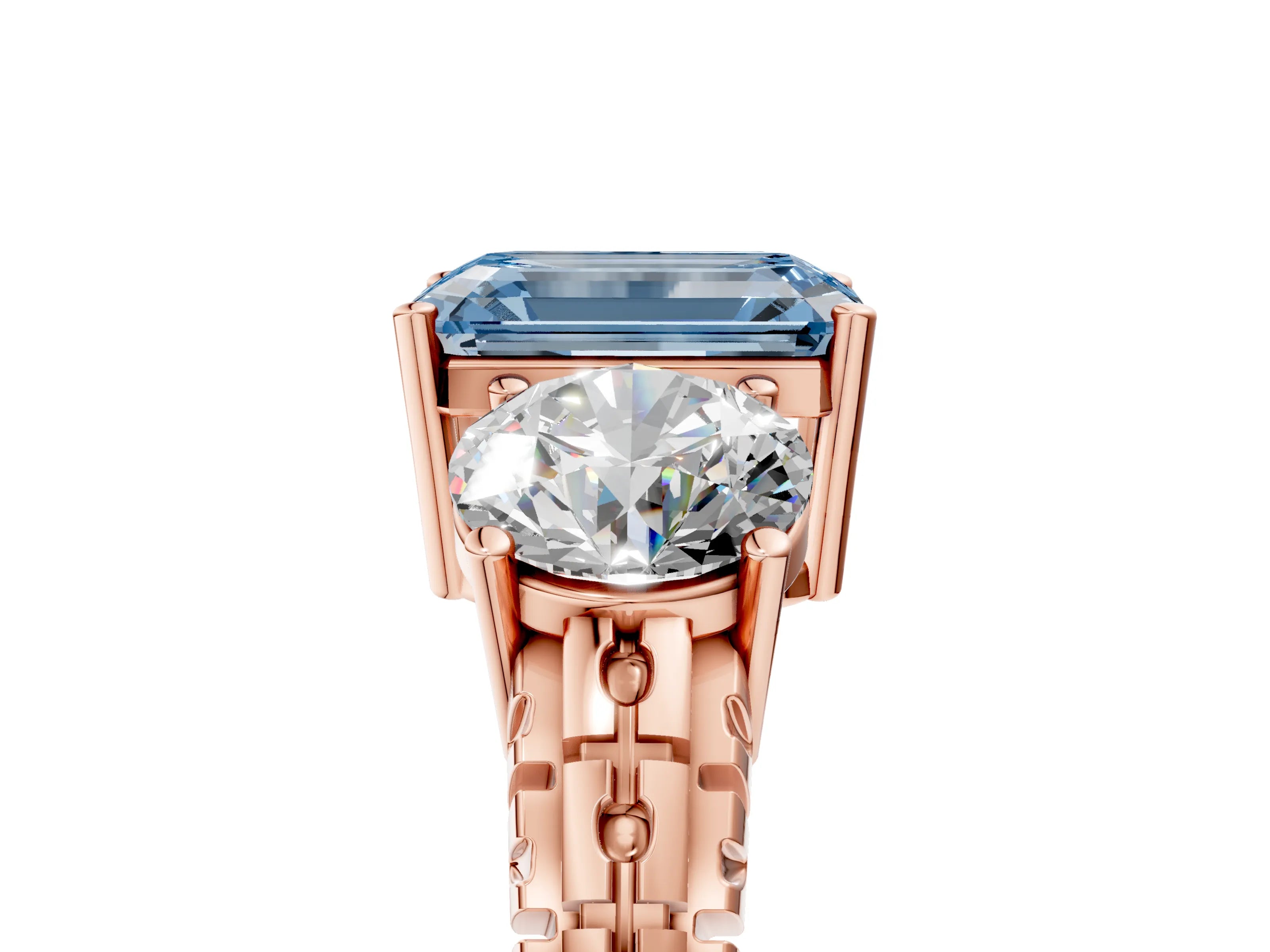 Rose gold Three-Stone Fancy Blue Emerald Cut Cut Diamond Ring with Channel-Set Band and Prong Setting_5