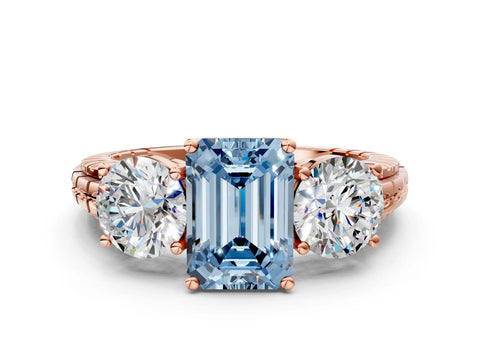 Rose gold Three-Stone Fancy Blue Emerald Cut Cut Diamond Ring with Channel-Set Band and Prong Setting