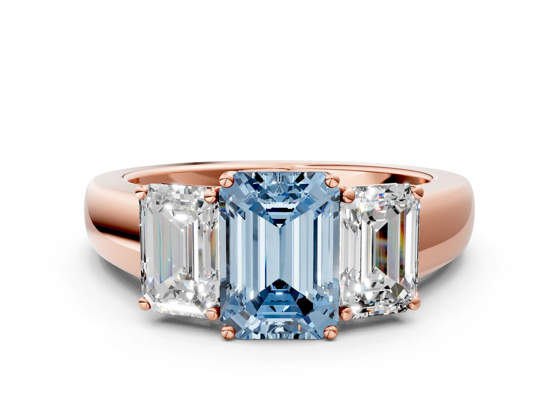 Rose gold Three-Stone Fancy Blue Emerald Cut Cut Diamond Ring with Prong Setting and Classic Band