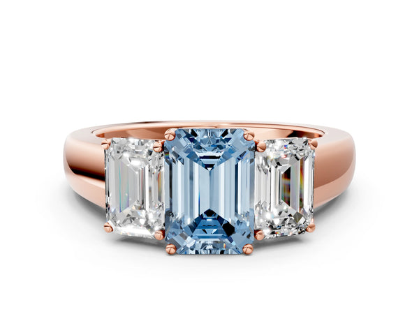 Rose gold Three-Stone Fancy Blue Emerald Cut Cut Diamond Ring with Prong Setting and Classic Band