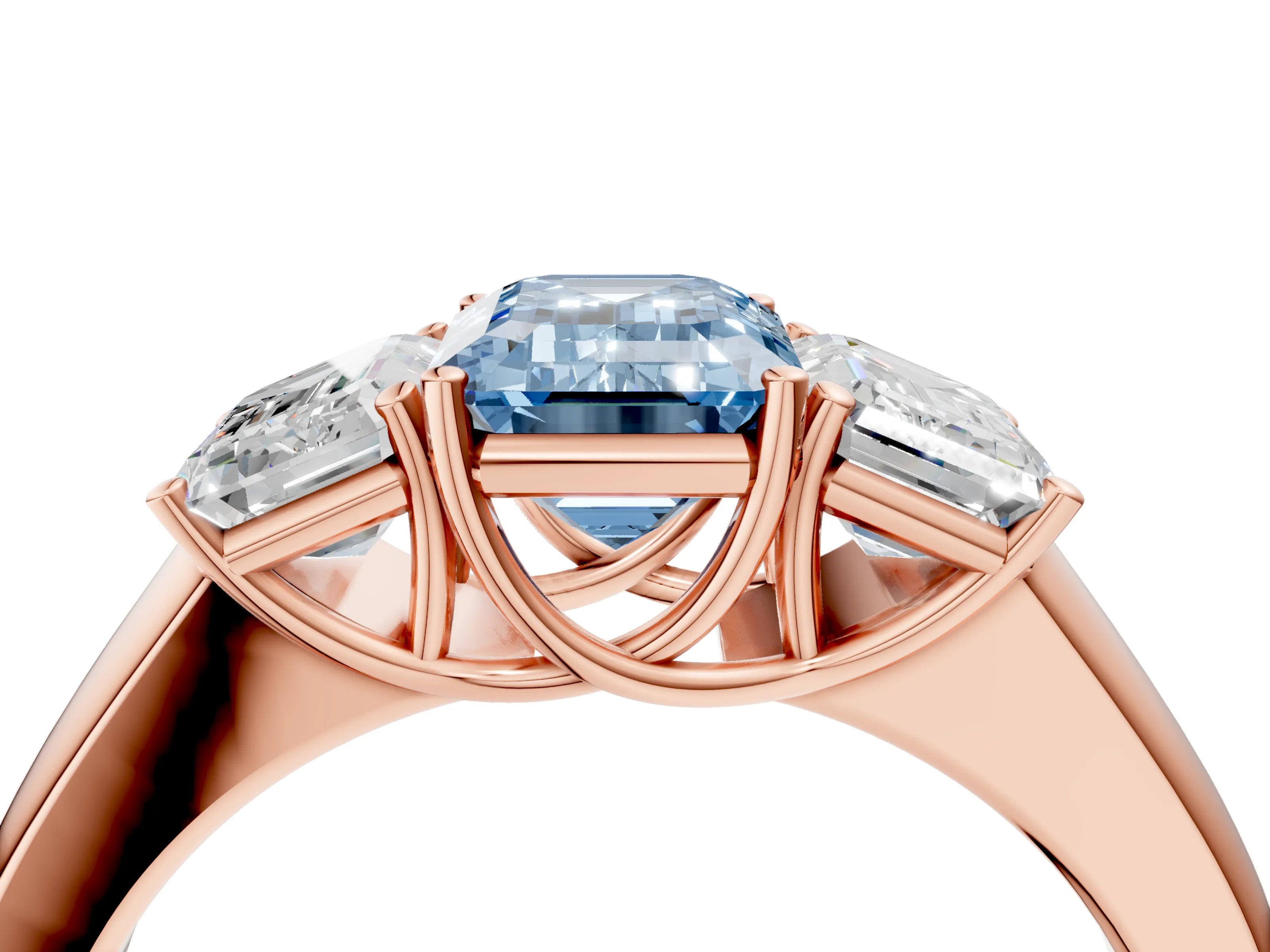 Rose gold Three-Stone Fancy Blue Emerald Cut Cut Diamond Ring with Prong Setting and Classic Band_4