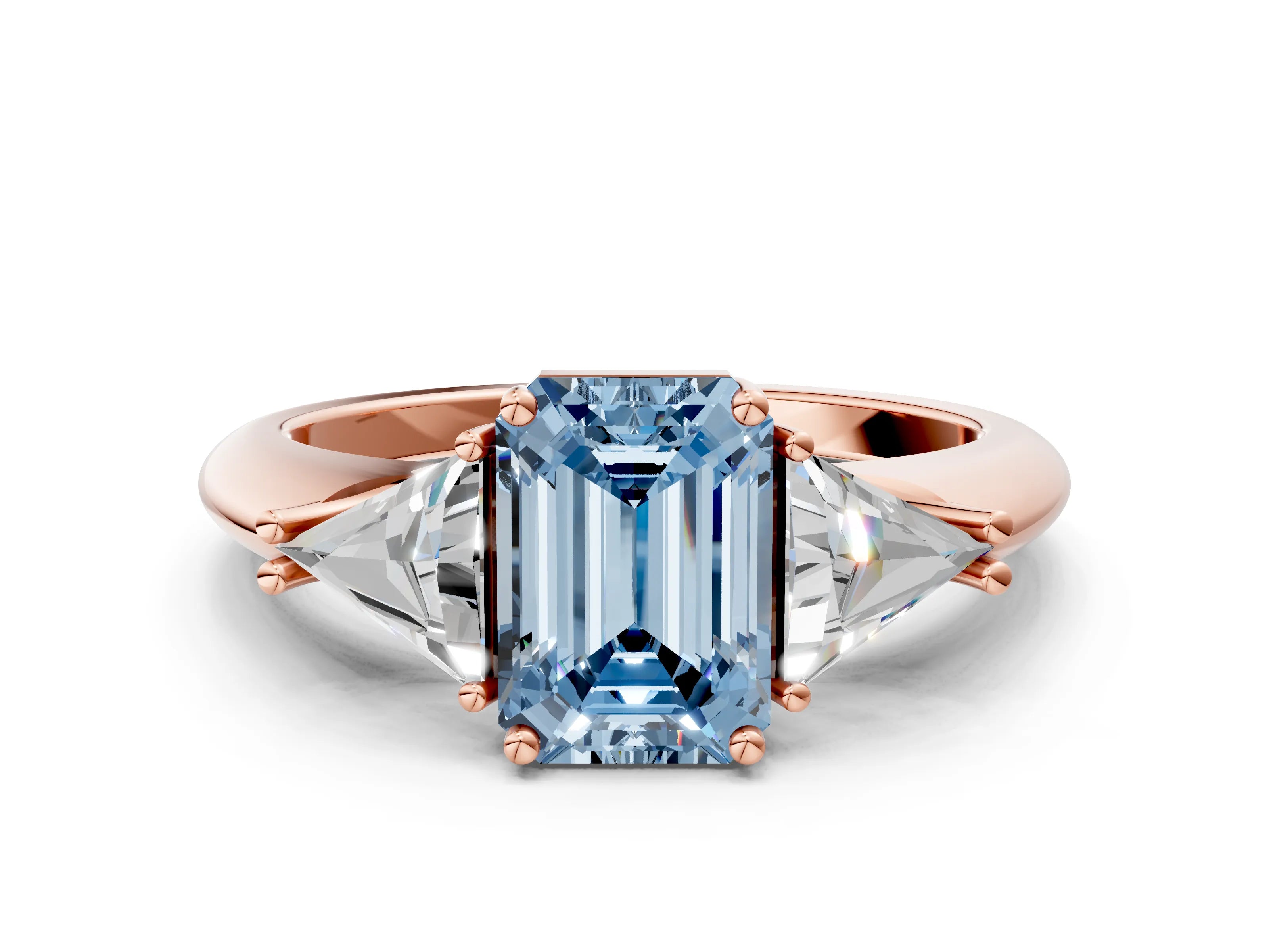 Rose gold Three-Stone Fancy Blue Emerald Cut Cut Diamond Ring with Trillion Side Stones and Four-Prong Setting_3