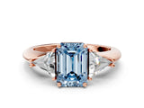 Rose gold Three-Stone Fancy Blue Emerald Cut Cut Diamond Ring with Trillion Side Stones and Four-Prong Setting_3