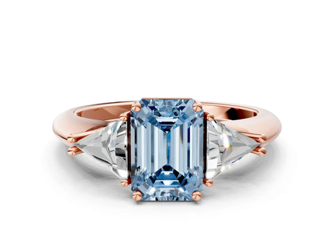 Rose gold Three-Stone Fancy Blue Emerald Cut Cut Diamond Ring with Trillion Side Stones and Four-Prong Setting_3