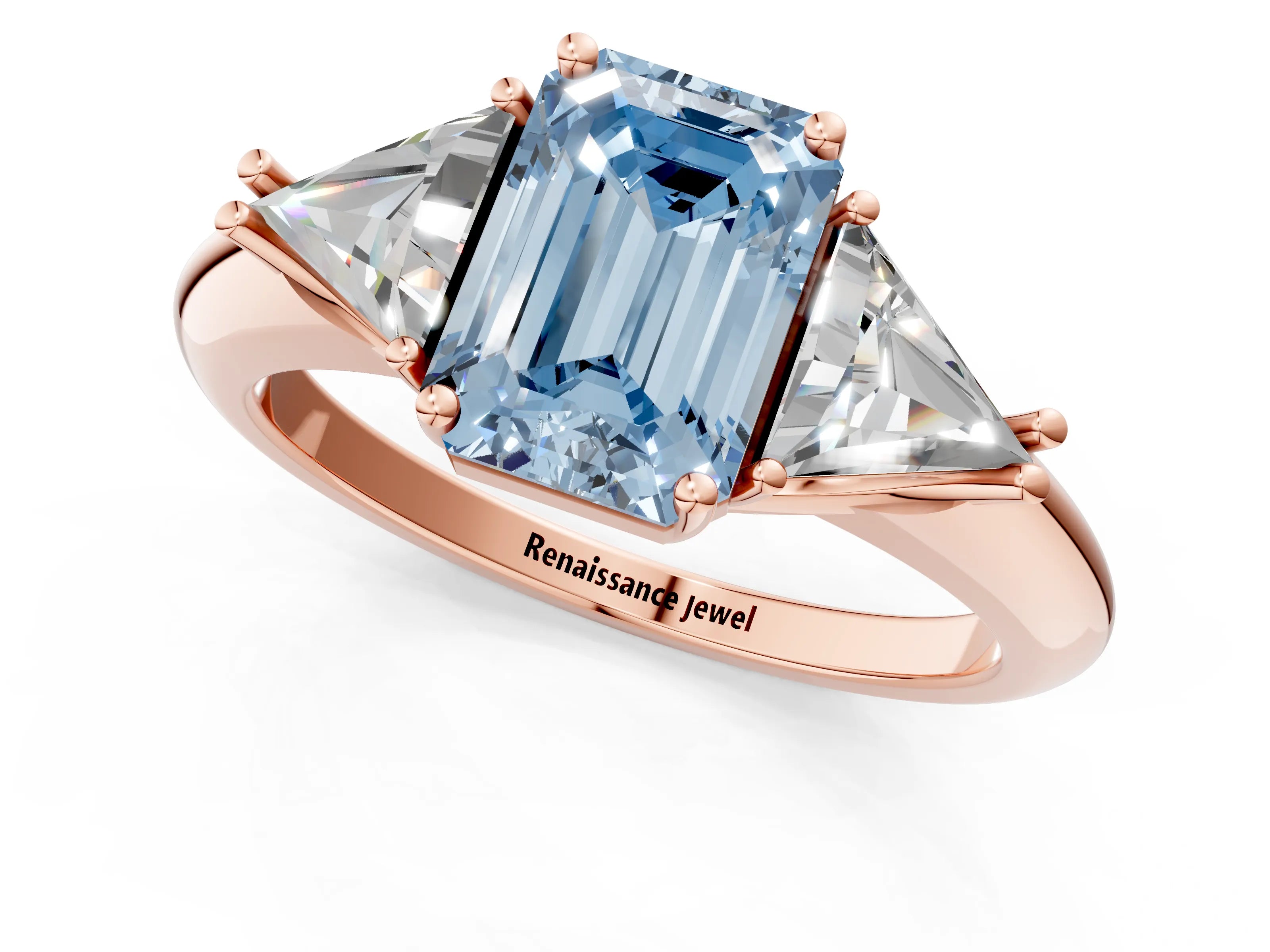 Rose gold Three-Stone Fancy Blue Emerald Cut Cut Diamond Ring with Trillion Side Stones and Four-Prong Setting_4