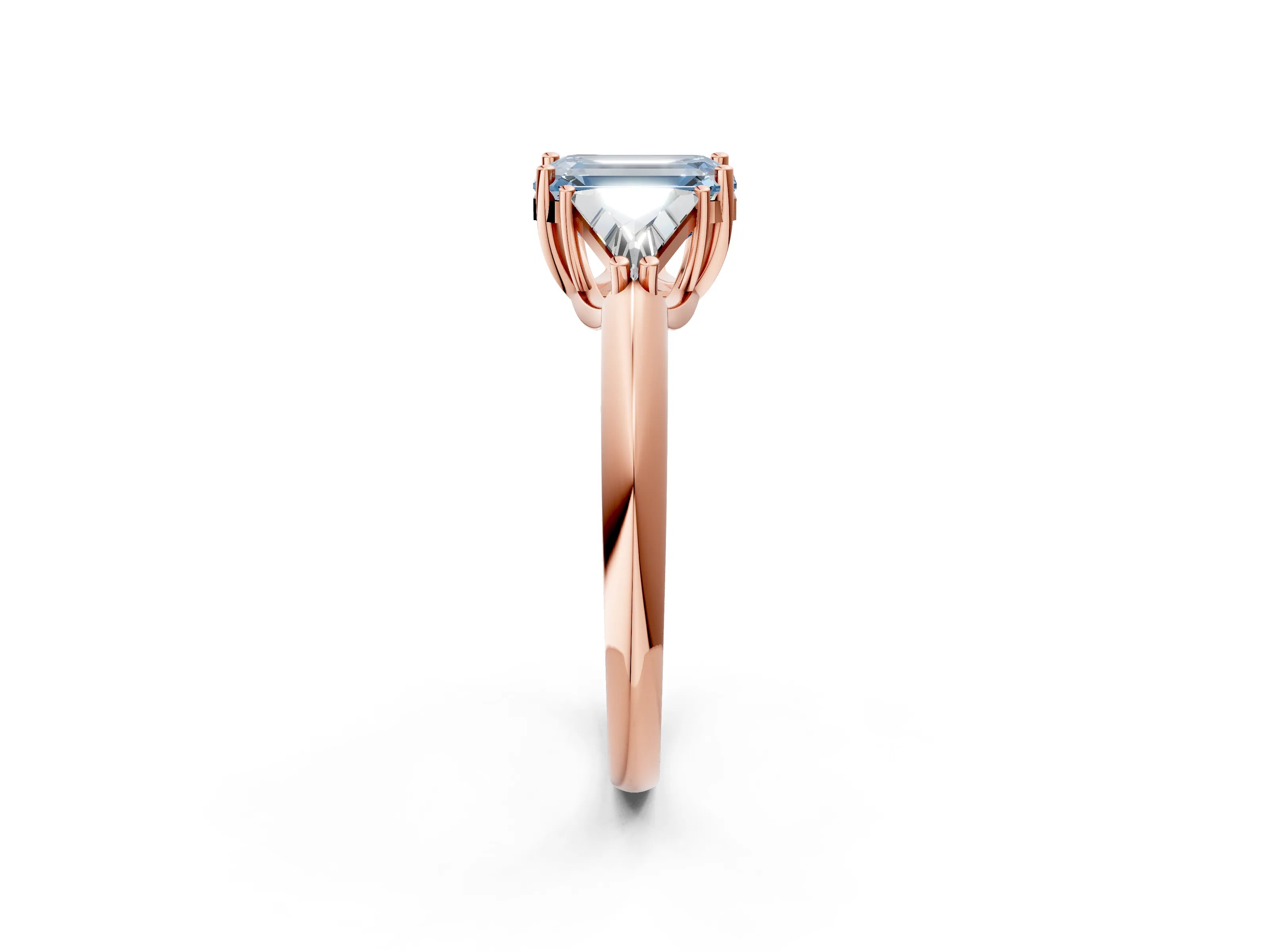 Rose gold Three-Stone Fancy Blue Emerald Cut Cut Diamond Ring with Trillion Side Stones and Four-Prong Setting_5