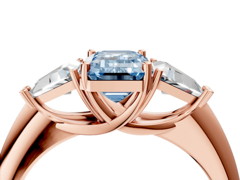 Rose gold Three-Stone Fancy Blue Emerald Cut Cut Diamond Ring with Trillion Side Stones and Four-Prong Setting_7