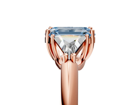 Rose gold Three-Stone Fancy Blue Emerald Cut Cut Diamond Ring with Trillion Side Stones and Four-Prong Setting_8