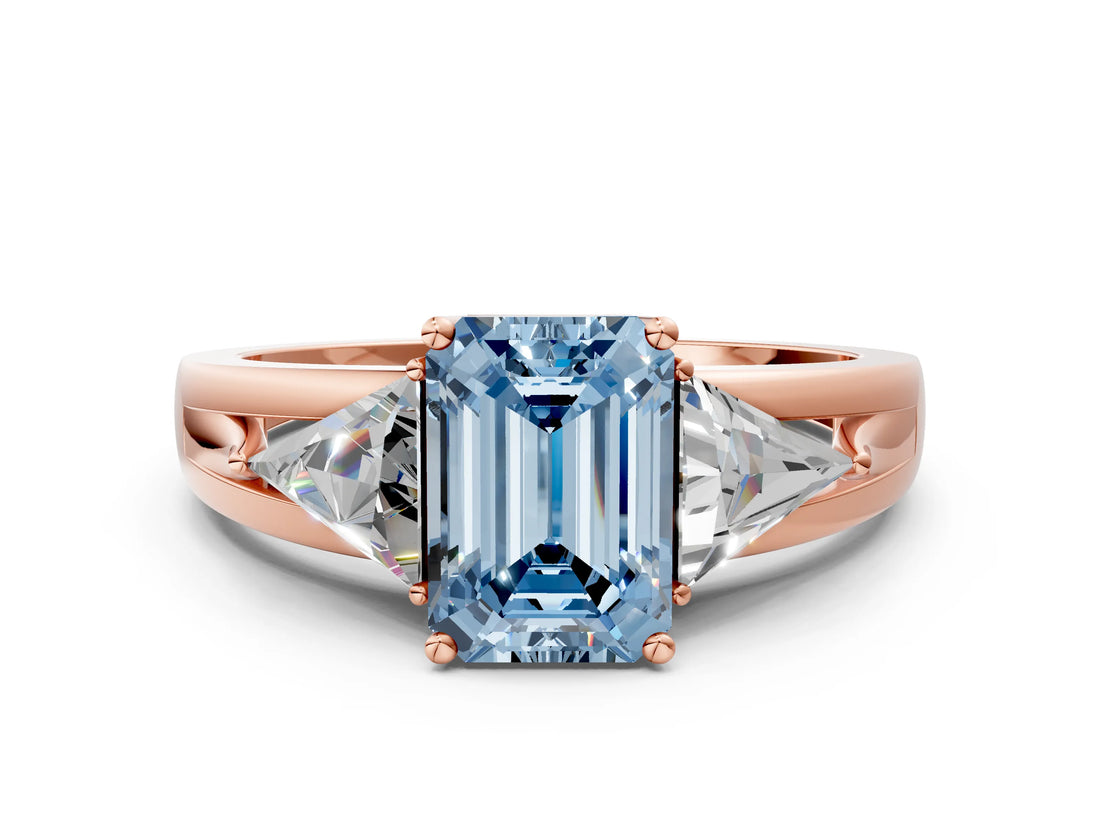 Rose gold Three-Stone Fancy Blue Emerald Cut Cut Diamond Ring with Trillion Side Stones on a Split Shank Band_6