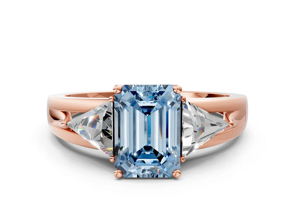 Rose Gold Emerald Cut Split Shank Three Stone Engagement Ring Setting for Fancy Blue Center