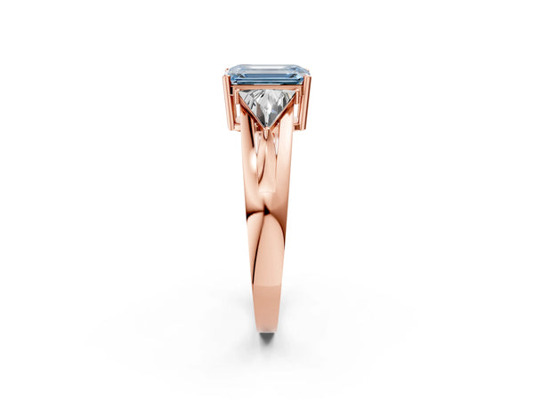 Rose Gold Emerald Cut Split Shank Three Stone Engagement Ring Setting for Fancy Blue Center