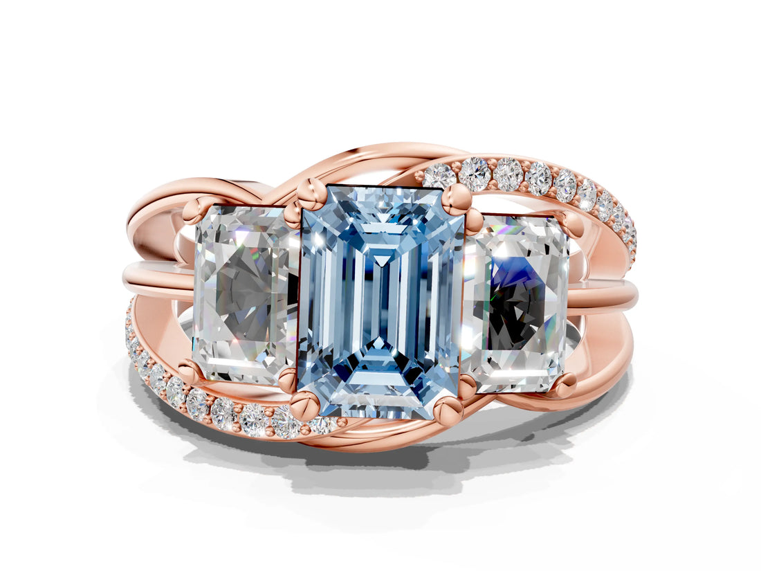 Rose gold Three-Stone Fancy Blue Emerald Cut Cut Diamond Split Shank Prong Set Ring