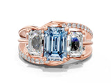 Rose gold Three-Stone Fancy Blue Emerald Cut Cut Diamond Split Shank Prong Set Ring