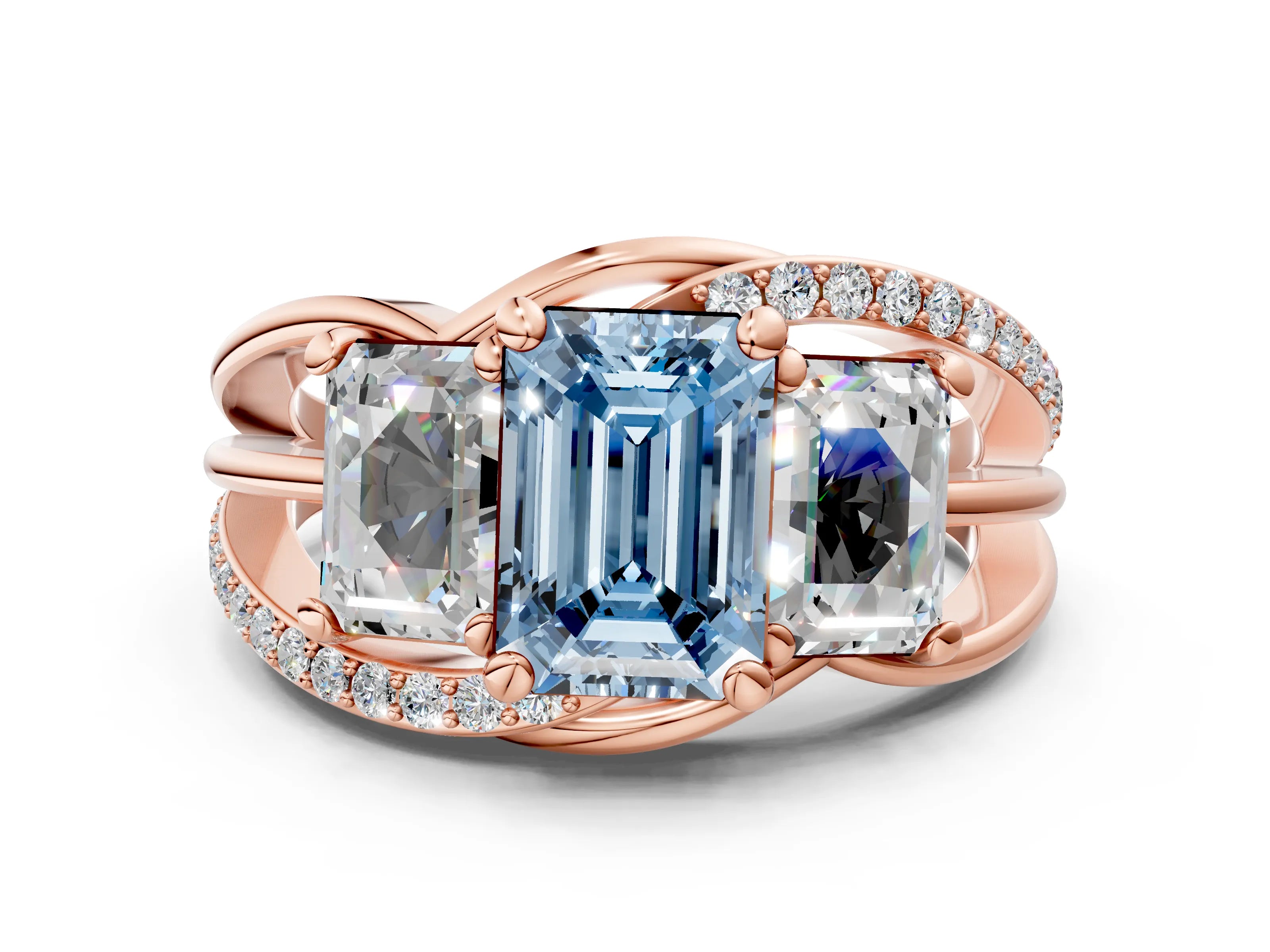 Rose gold Three-Stone Fancy Blue Emerald Cut Cut Diamond Split Shank Prong Set Ring_12