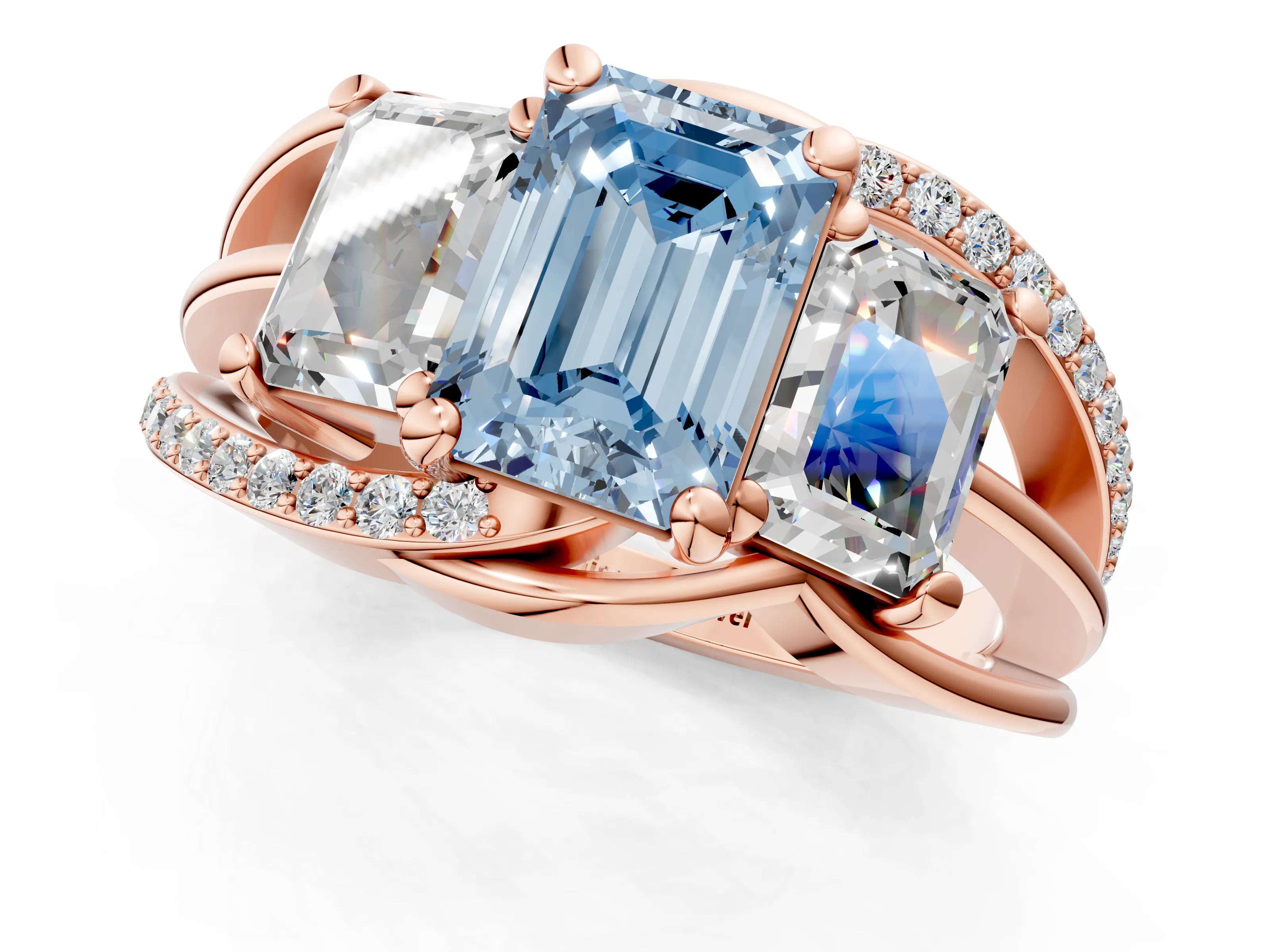 Rose gold Three-Stone Fancy Blue Emerald Cut Cut Diamond Split Shank Prong Set Ring_13