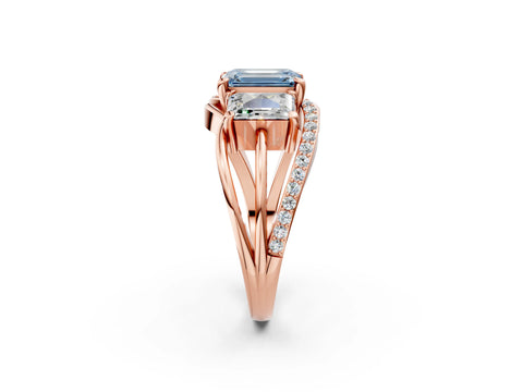 Rose gold Three-Stone Fancy Blue Emerald Cut Cut Diamond Split Shank Prong Set Ring_14