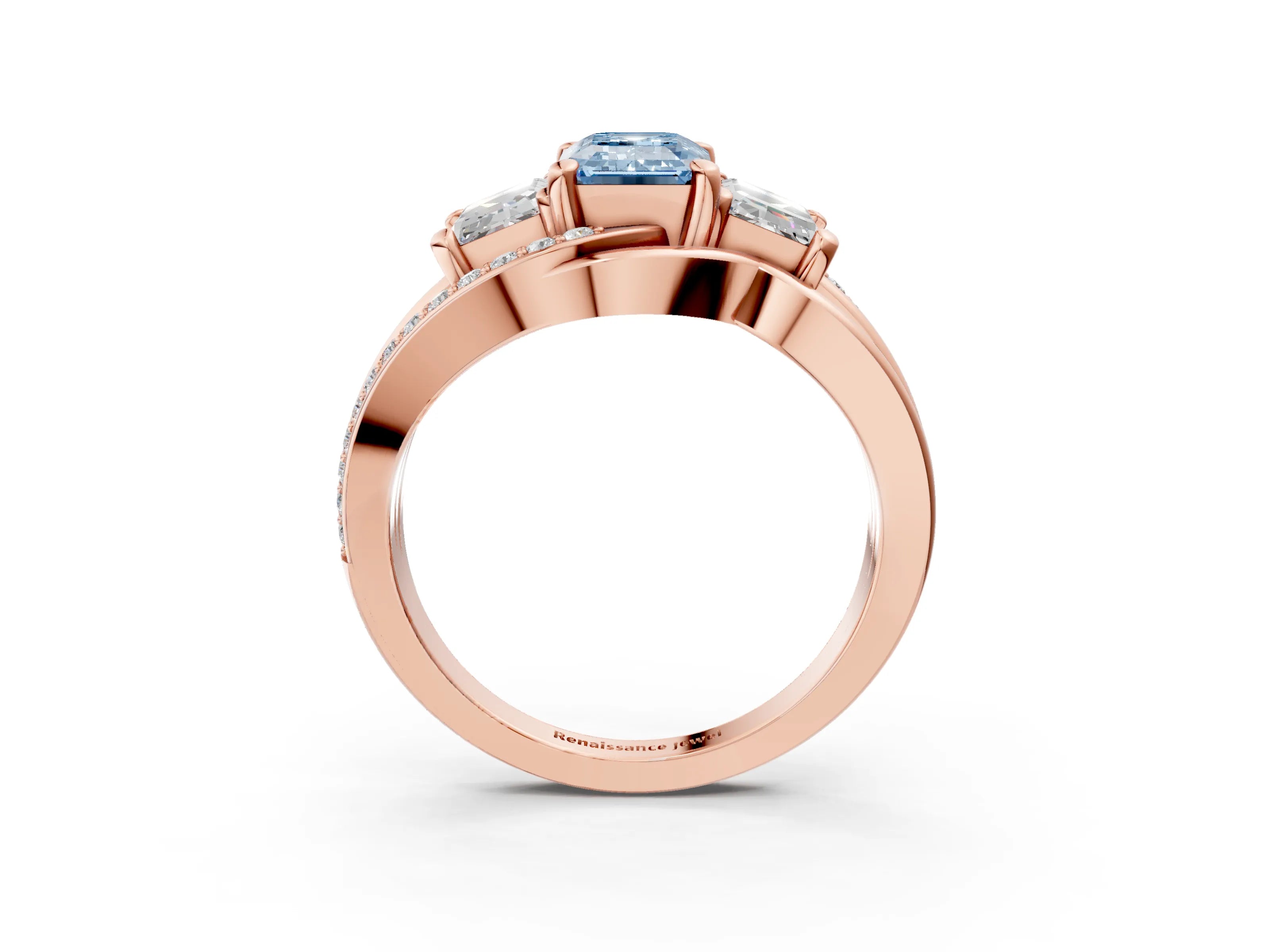 Rose gold Three-Stone Fancy Blue Emerald Cut Cut Diamond Split Shank Prong Set Ring_15