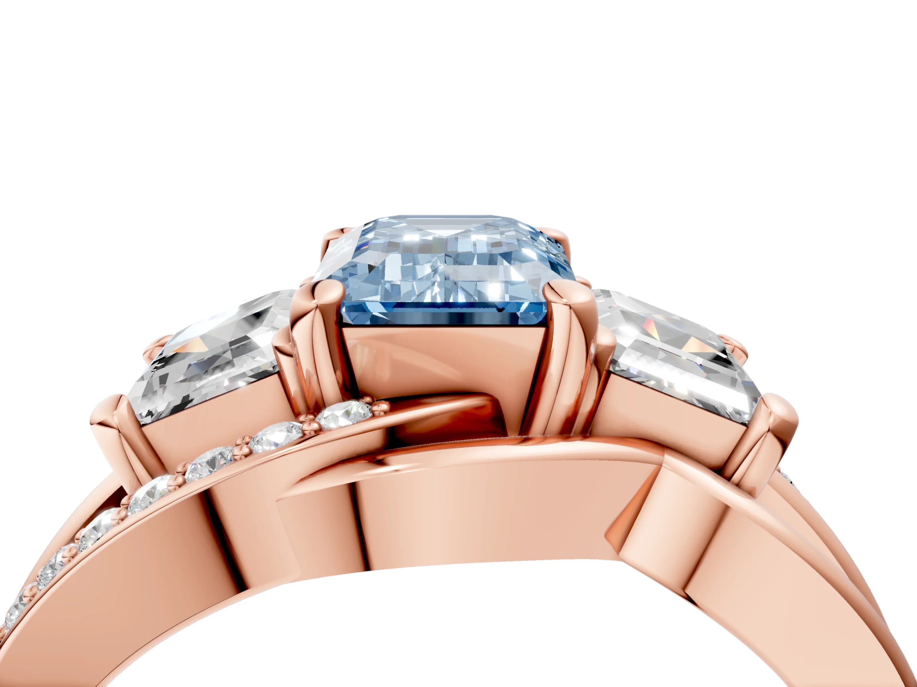 Rose gold Three-Stone Fancy Blue Emerald Cut Cut Diamond Split Shank Prong Set Ring_16