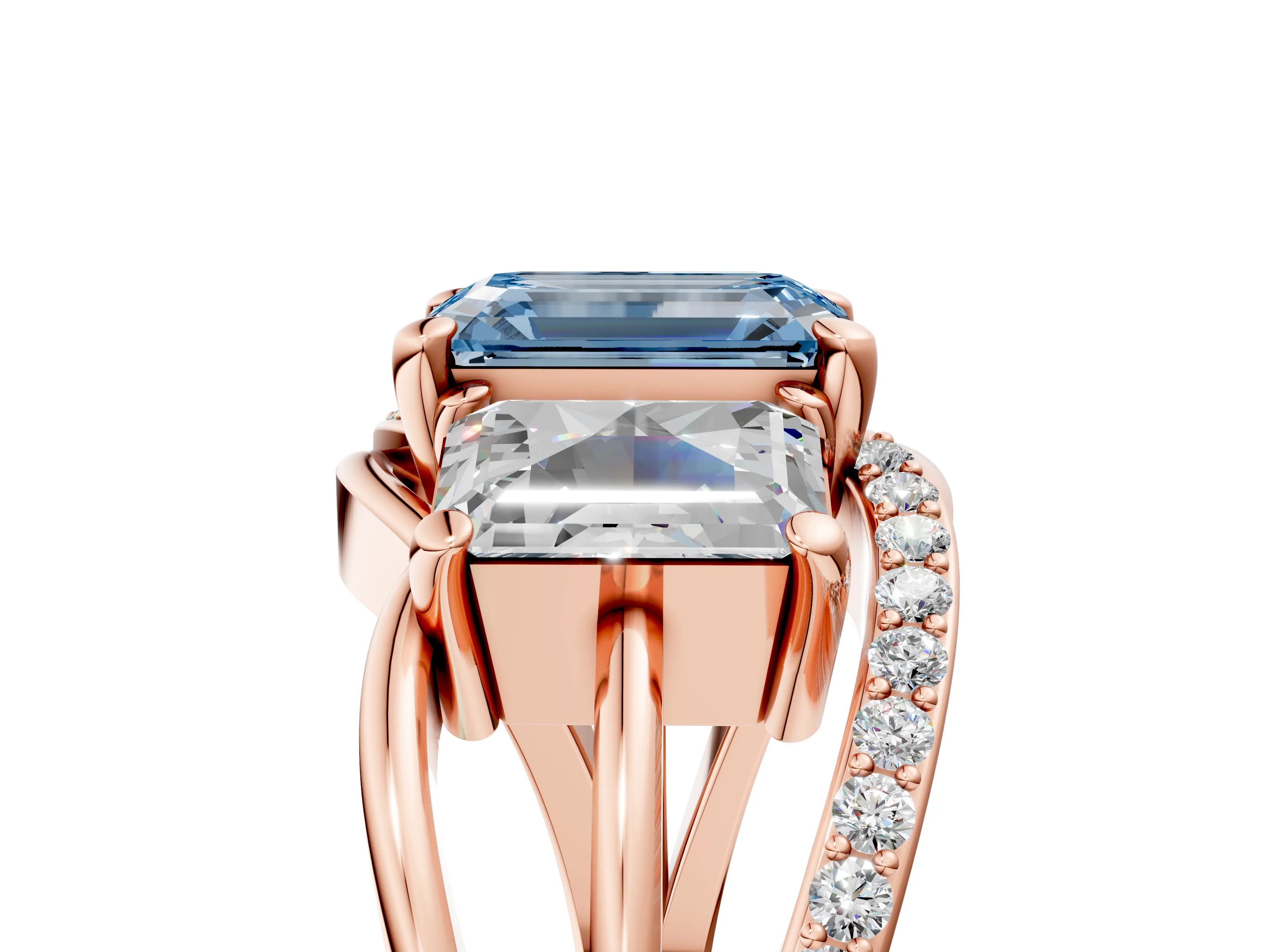 Rose gold Three-Stone Fancy Blue Emerald Cut Cut Diamond Split Shank Prong Set Ring_17