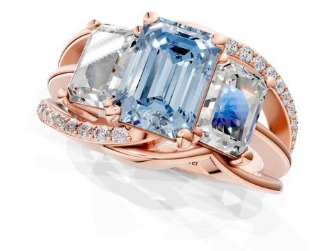 Rose gold Three-Stone Fancy Blue Emerald Cut Cut Diamond Split Shank Prong Set Ring_1