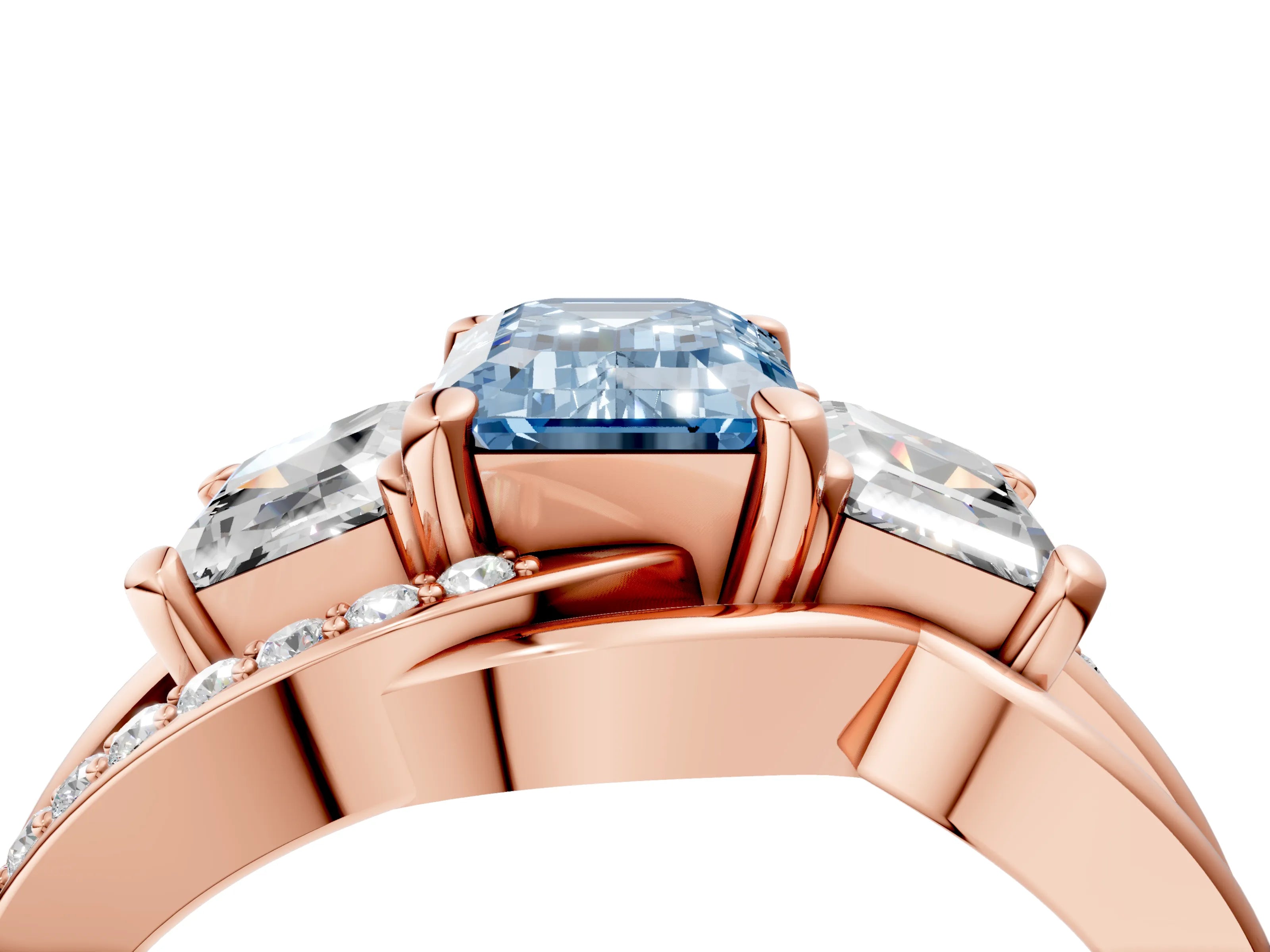 Rose gold Three-Stone Fancy Blue Emerald Cut Cut Diamond Split Shank Prong Set Ring_4