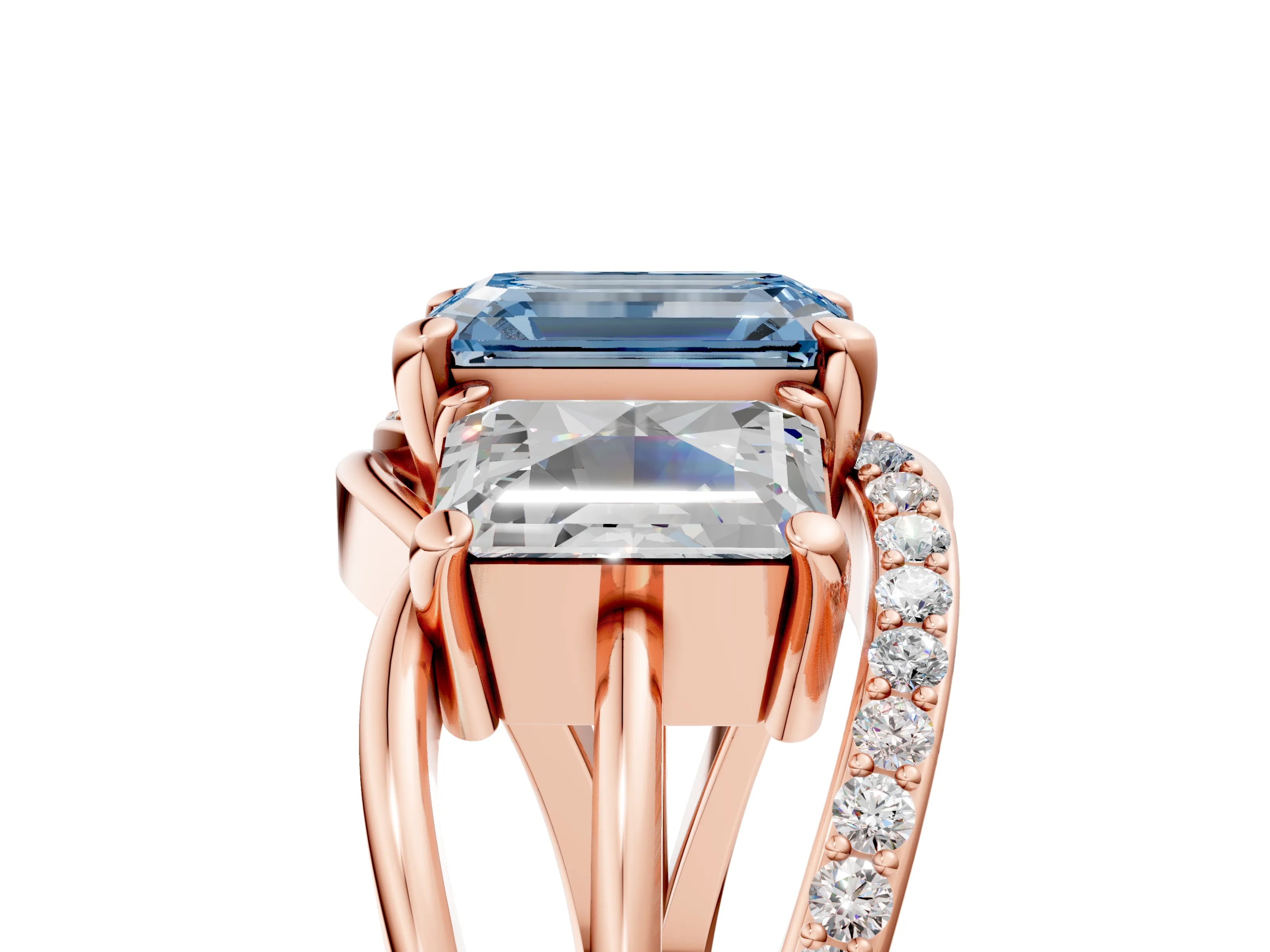 Rose gold Three-Stone Fancy Blue Emerald Cut Cut Diamond Split Shank Prong Set Ring_5